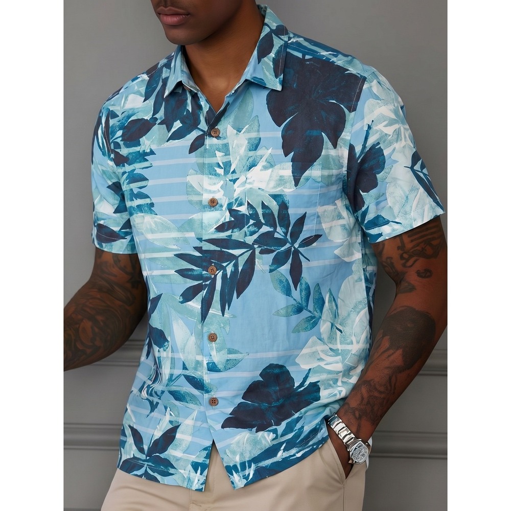 Tommy Bahama IslandZone Shirt Mens Medium Blue Silk Blend Excellent Floral Leaf